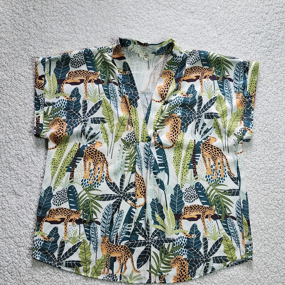 Tropical Cheetah Print Women's Blouse Size Large